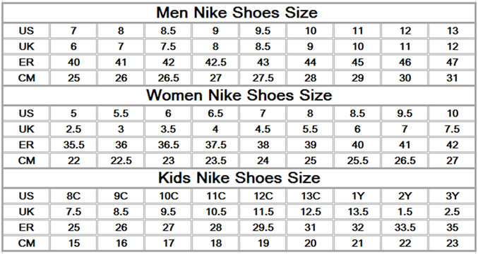 foot size chart nike