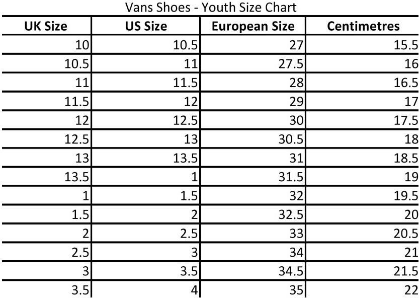 vans shoes youth size chart