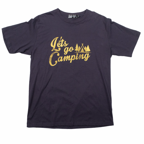 Roushatte Lets go Camping Large Navy T-Shirt Used Vintage