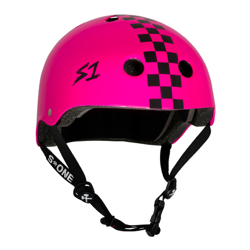 S1 Lifer Certified Gloss Pink Black Checkers Skateboard Helmet